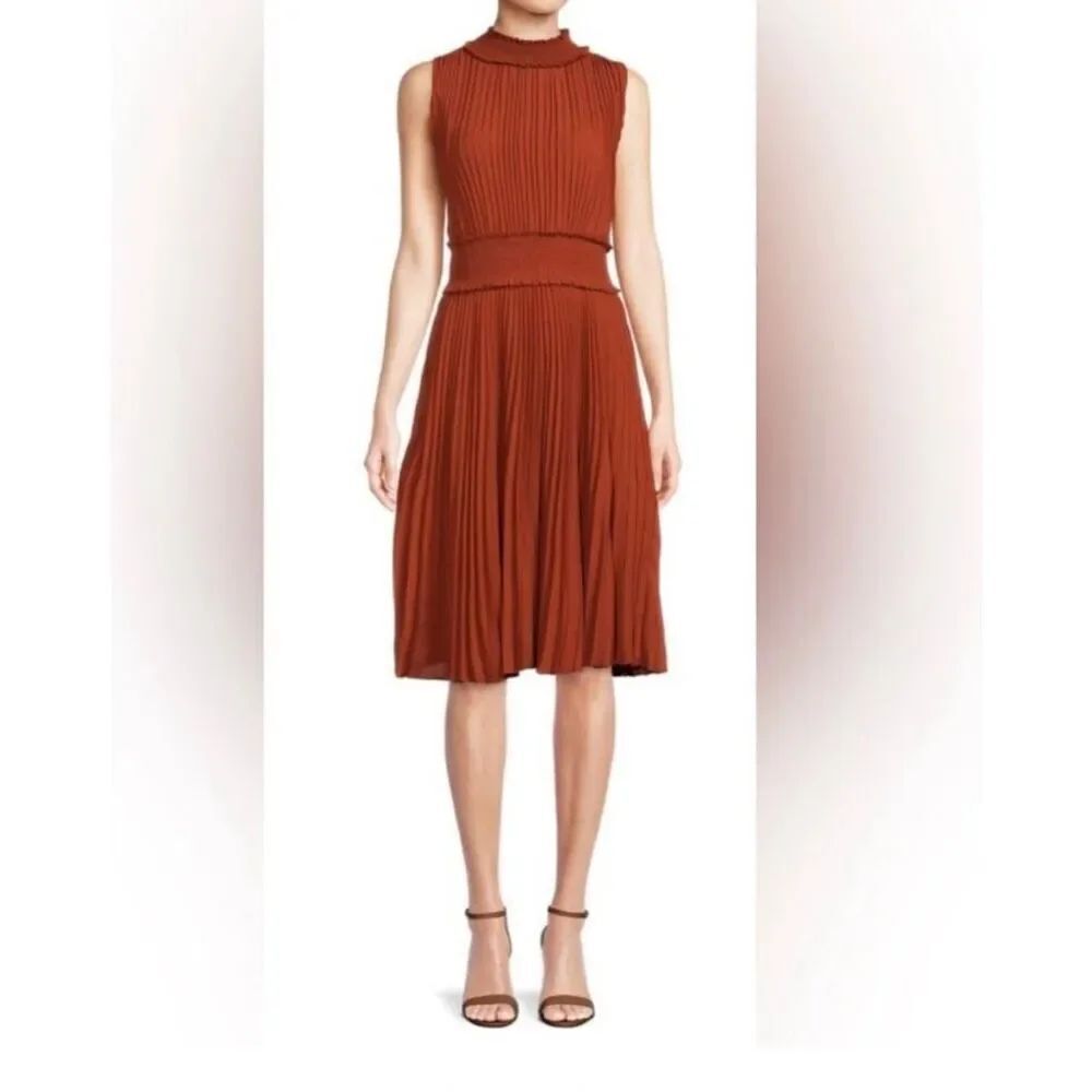 Nanette Lepore Rust Sleeveless Smocked & Pleated Dress sz 12 EUC